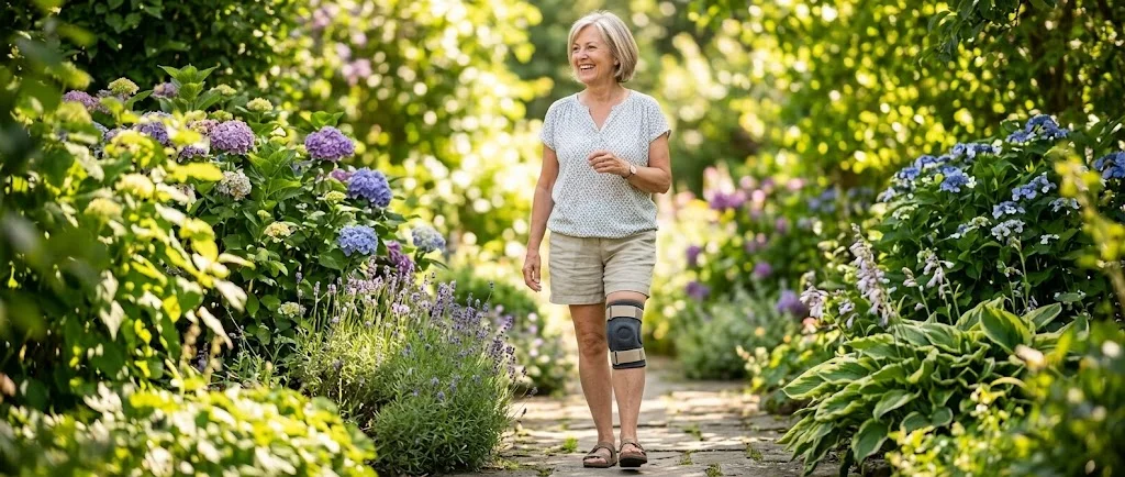 Aktive Seniorin mit GutJahre Komfort-Bandage im Garten
